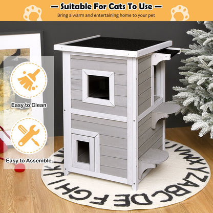 2-Story Wooden Cat House with Escape Door Rainproof, Gray & White Cat Houses   at Gallery Canada