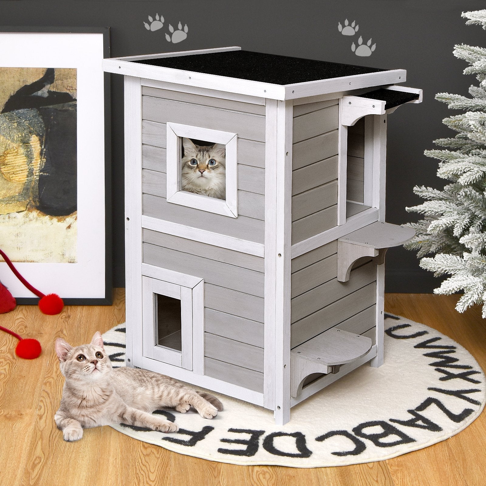 2-Story Wooden Cat House with Escape Door Rainproof, Gray & White Cat Houses   at Gallery Canada