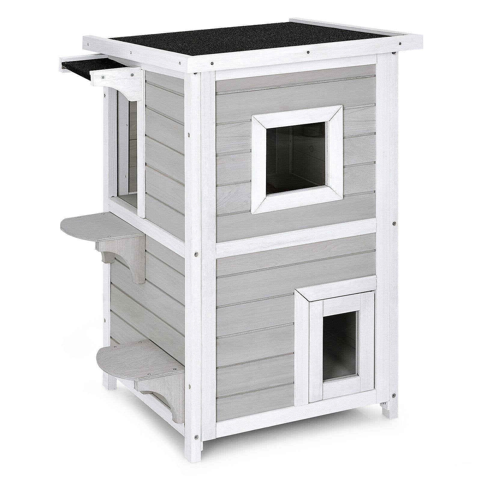 2-Story Wooden Cat House with Escape Door Rainproof, Gray & White Cat Houses   at Gallery Canada