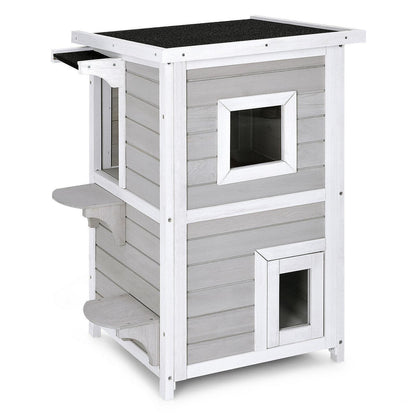 2-Story Wooden Cat House with Escape Door Rainproof, Gray & White Cat Houses   at Gallery Canada