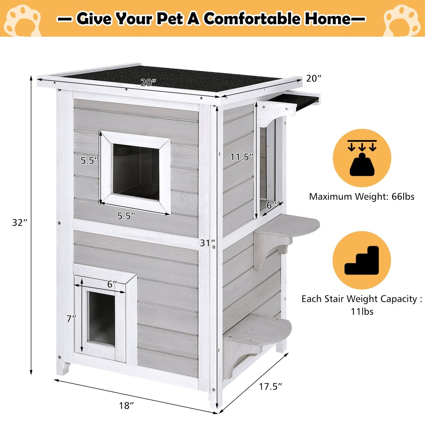 2-Story Wooden Cat House with Escape Door Rainproof, Gray & White Cat Houses   at Gallery Canada