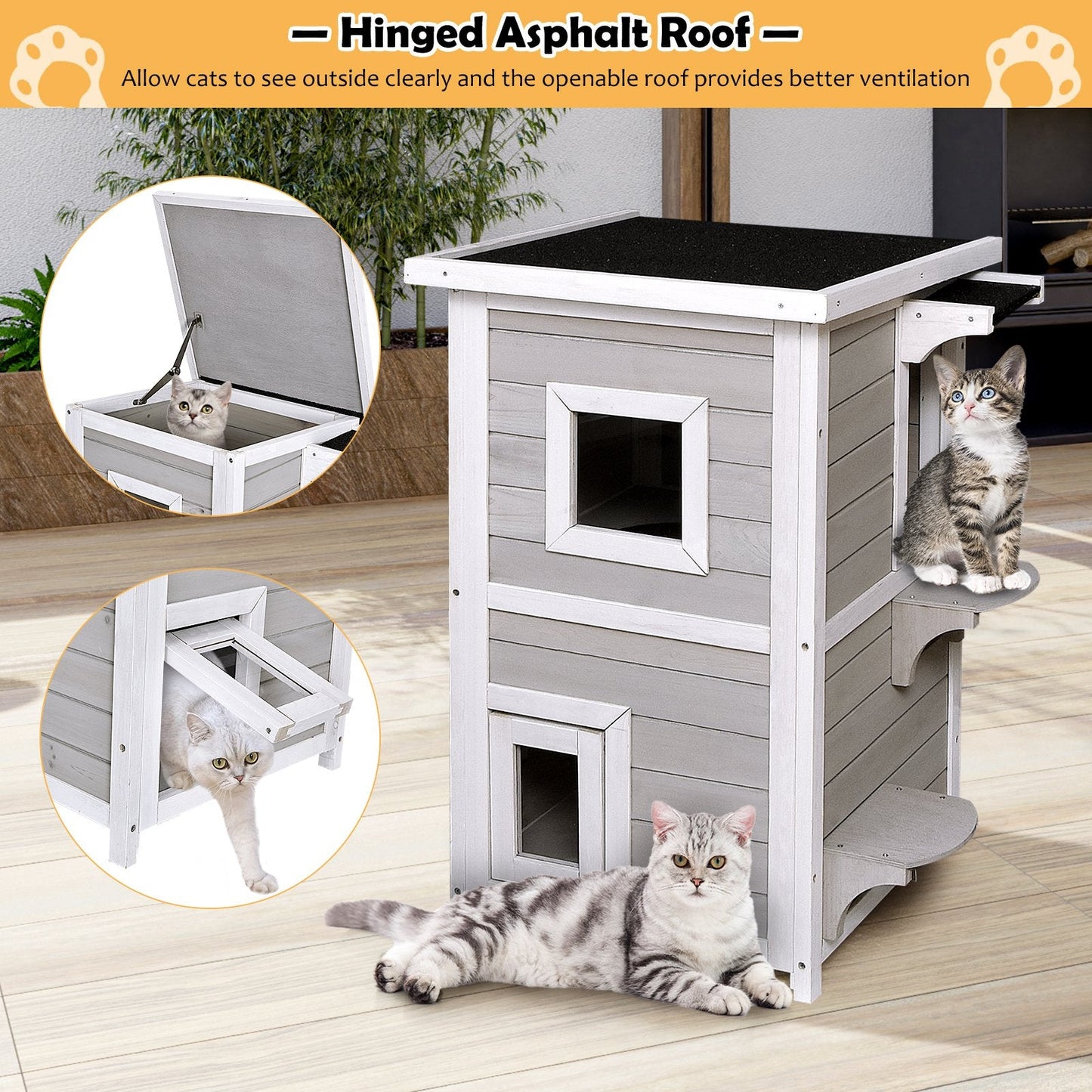 2-Story Wooden Cat House with Escape Door Rainproof, Gray & White Cat Houses   at Gallery Canada