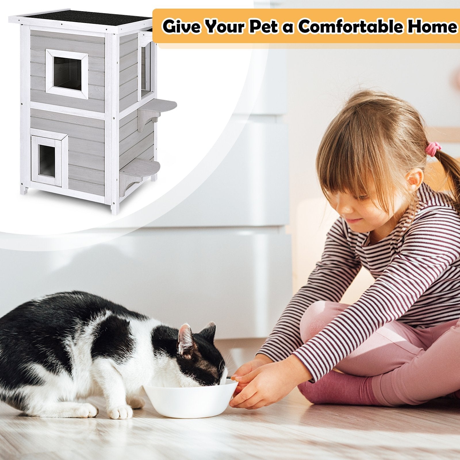 2-Story Wooden Cat House with Escape Door Rainproof, Gray & White Cat Houses   at Gallery Canada