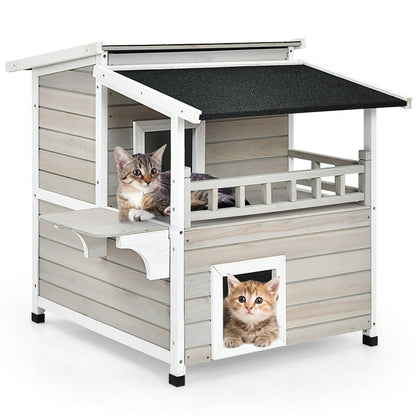 2-Story Wooden Patio Luxurious Cat Shelter House Condo with Large Balcony, Gray Cat Houses   at Gallery Canada