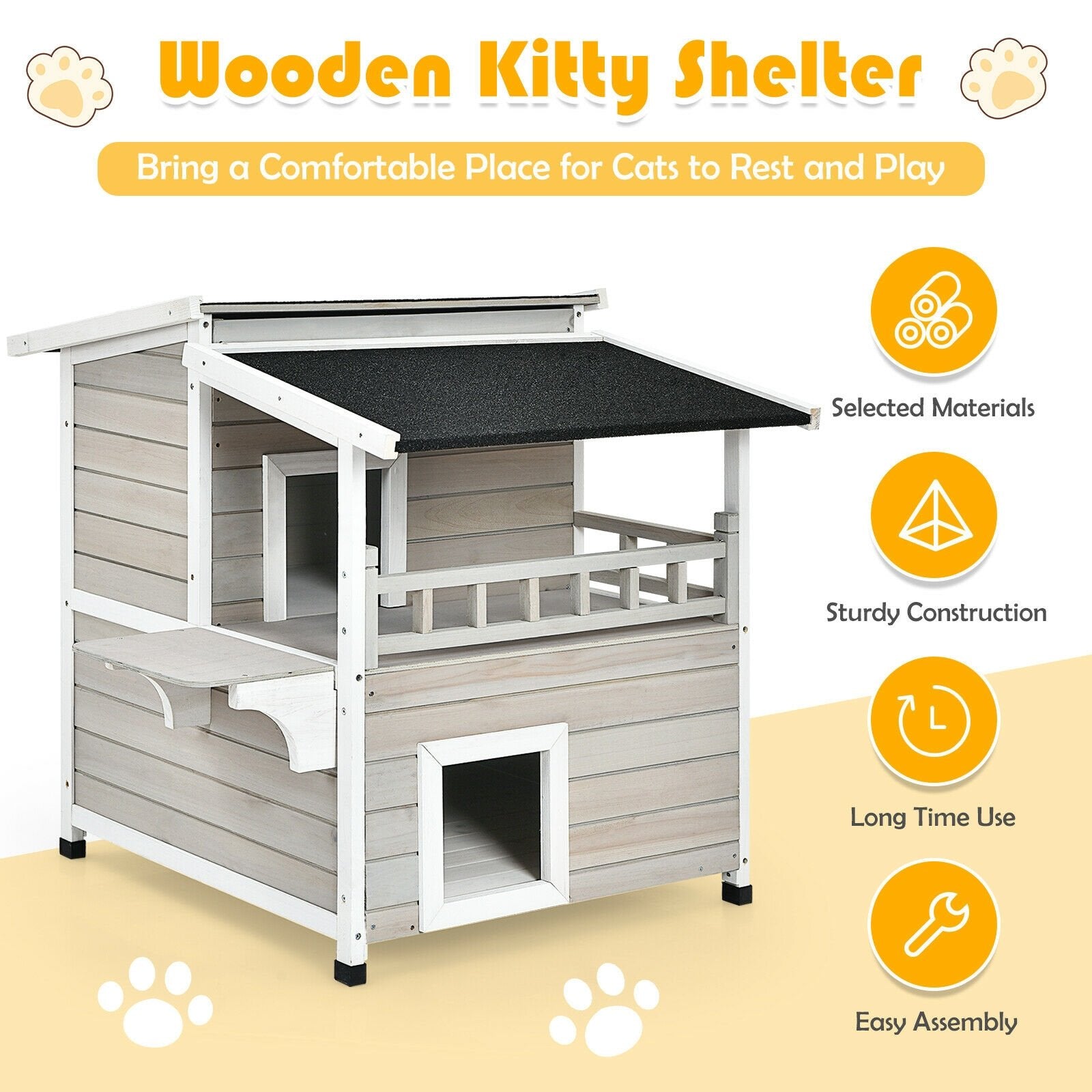 2-Story Wooden Patio Luxurious Cat Shelter House Condo with Large Balcony, Gray Cat Houses   at Gallery Canada