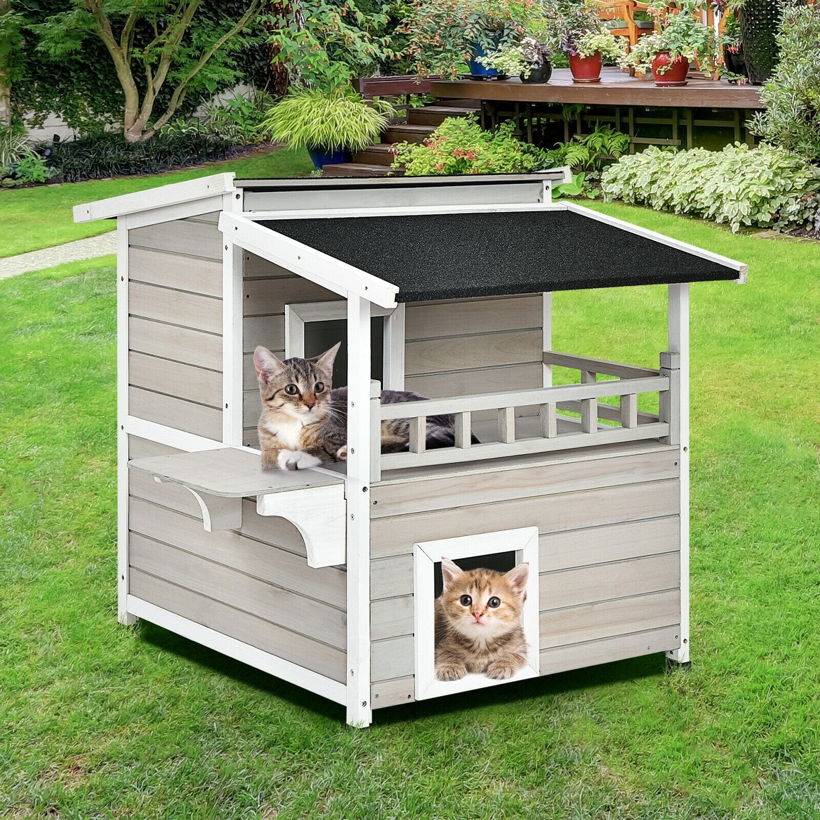 2-Story Wooden Patio Luxurious Cat Shelter House Condo with Large Balcony, Gray Cat Houses   at Gallery Canada