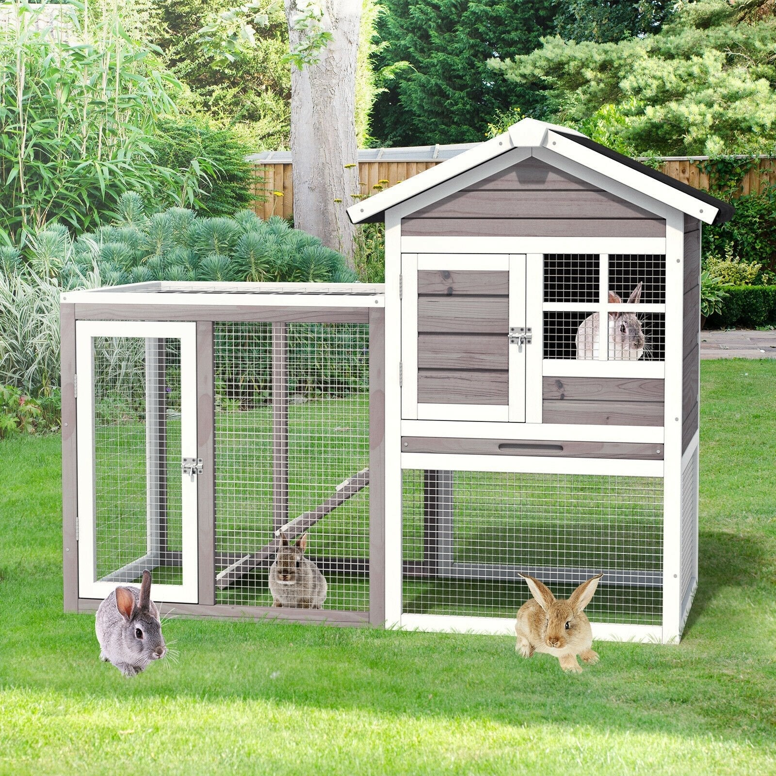 2-Story Wooden Rabbit Hutch with Running Area, Gray Rabbit Hutches   at Gallery Canada