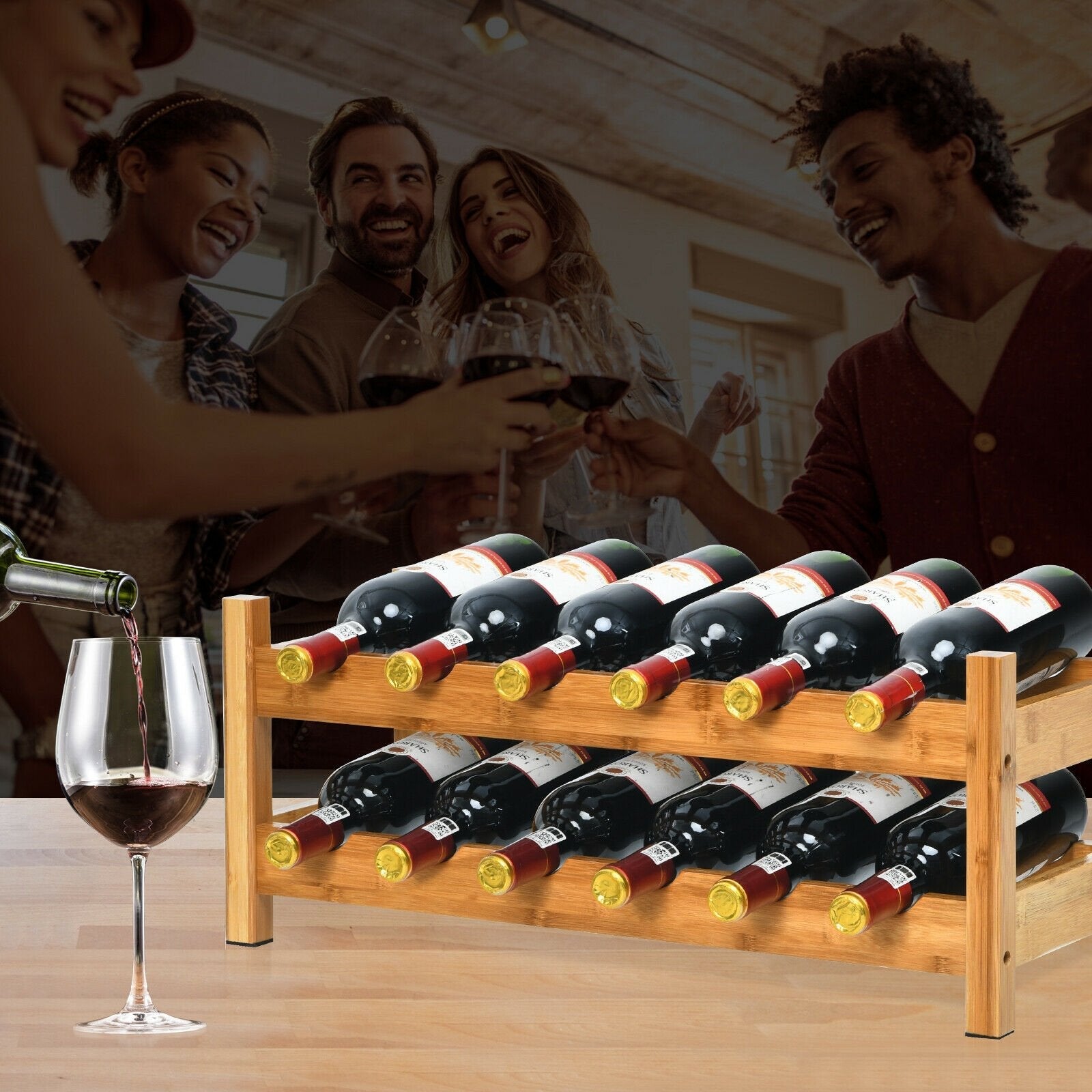 2-Tier 12 Bottles Bamboo Storage Shelf  Wine Rack, Natural Wine Racks   at Gallery Canada