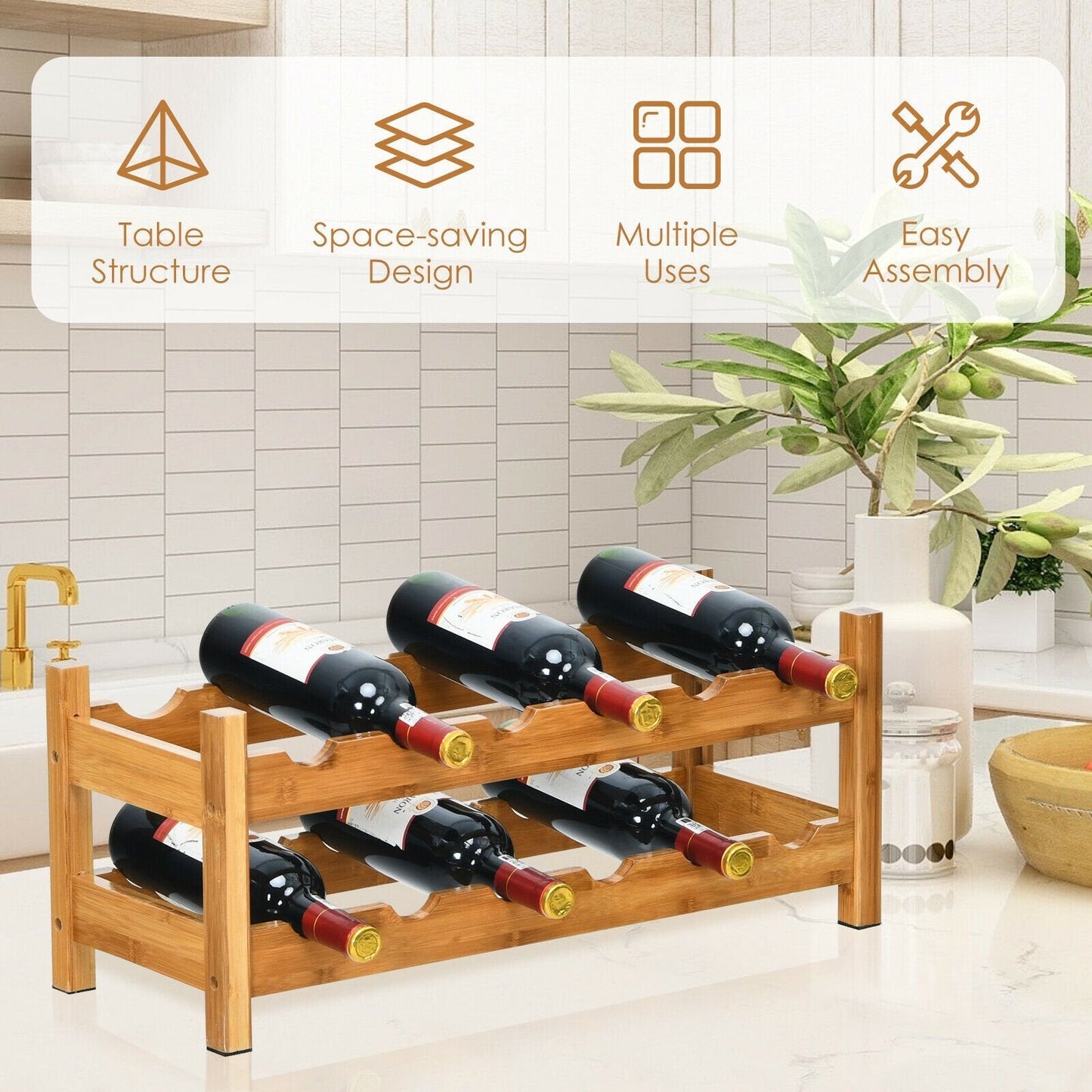 2-Tier 12 Bottles Bamboo Storage Shelf  Wine Rack, Natural Wine Racks   at Gallery Canada