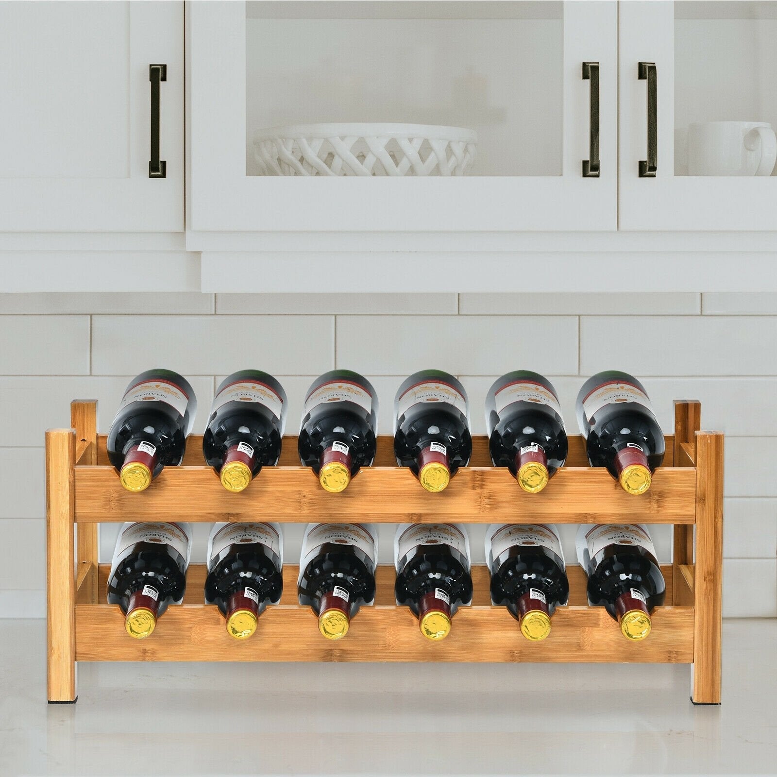 2-Tier 12 Bottles Bamboo Storage Shelf  Wine Rack, Natural Wine Racks   at Gallery Canada