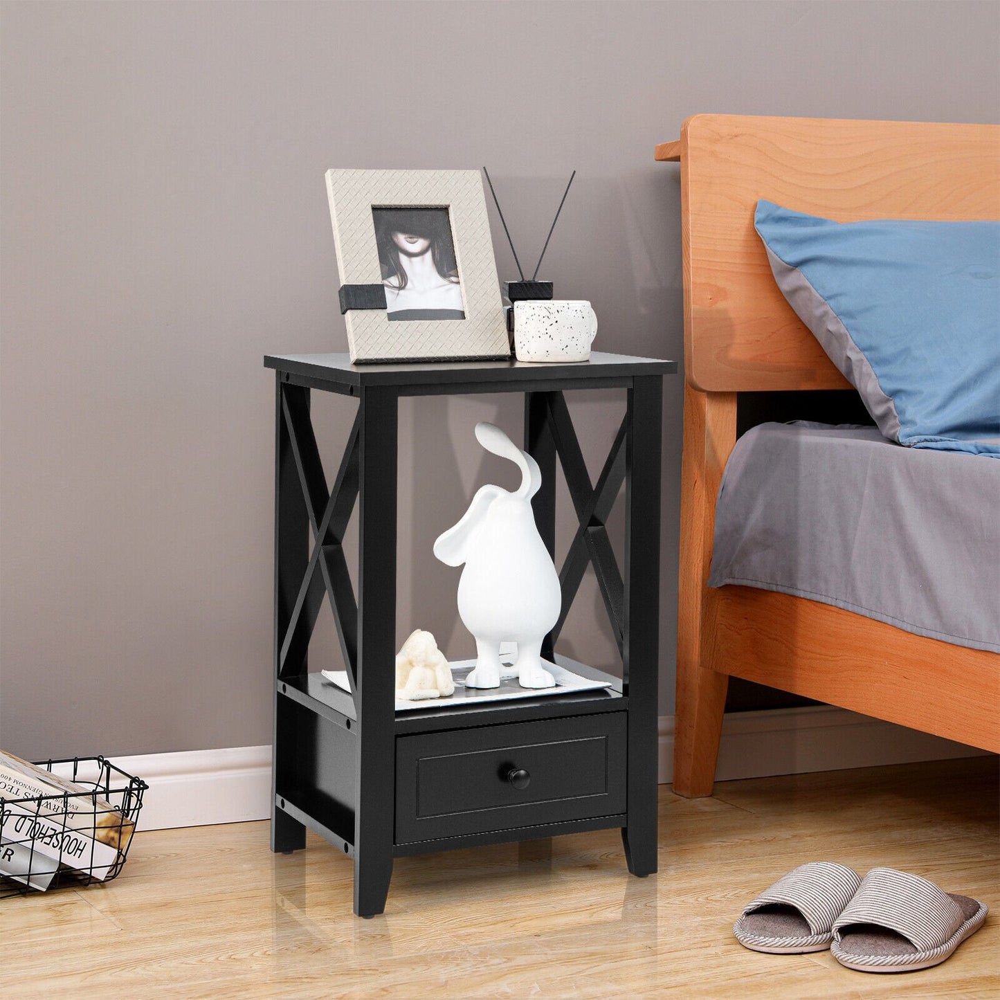 2-Tier 16 x 14 Inch Multifunctional Nightstand with Storage Drawer, Black Nightstands   at Gallery Canada