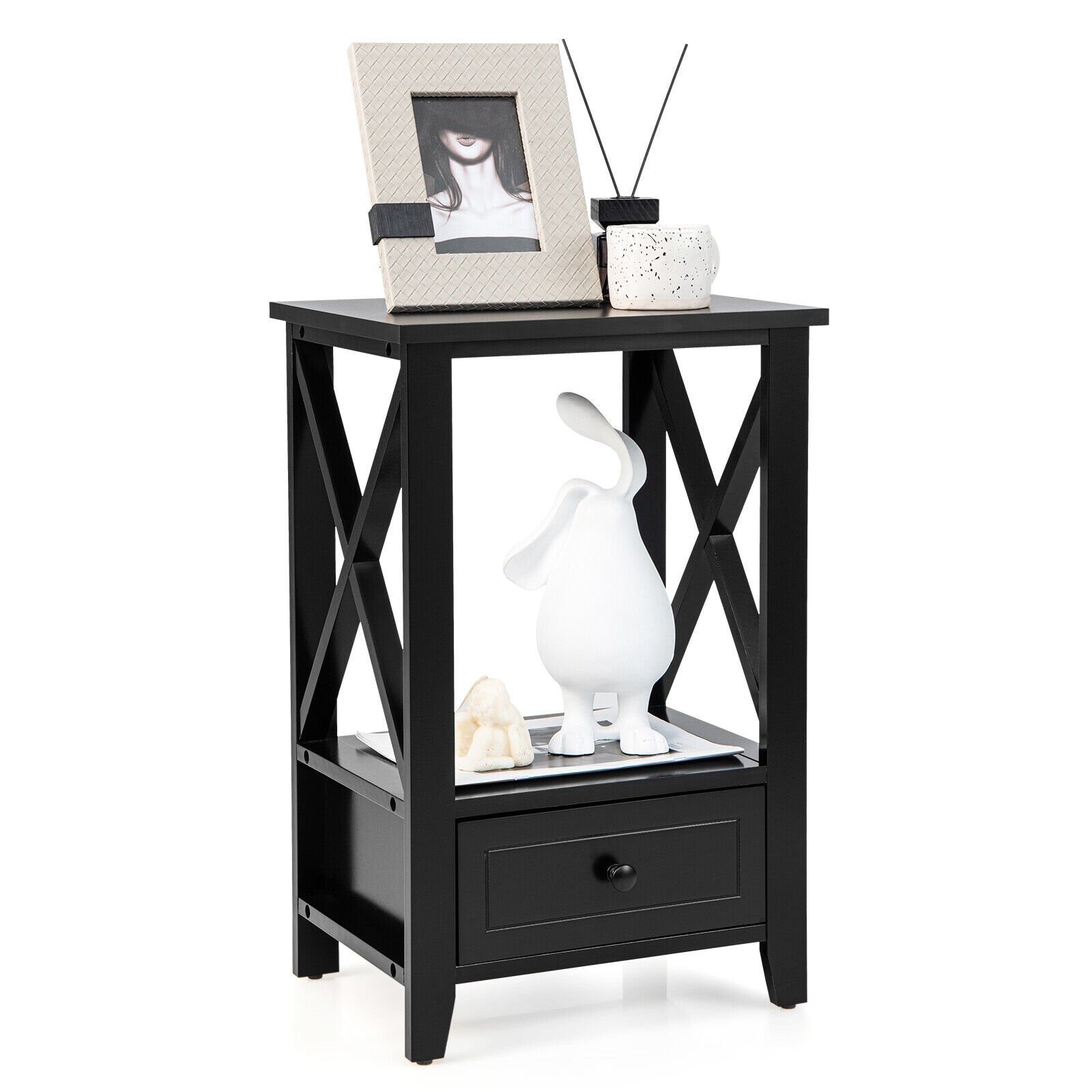 2-Tier 16 x 14 Inch Multifunctional Nightstand with Storage Drawer, Black Nightstands   at Gallery Canada