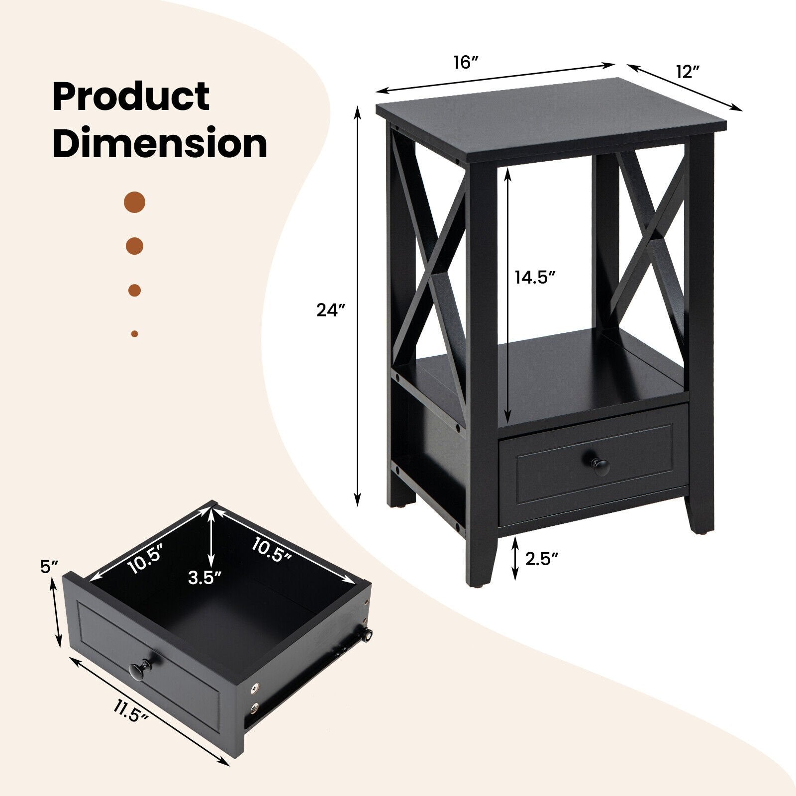 2-Tier 16 x 14 Inch Multifunctional Nightstand with Storage Drawer, Black Nightstands   at Gallery Canada