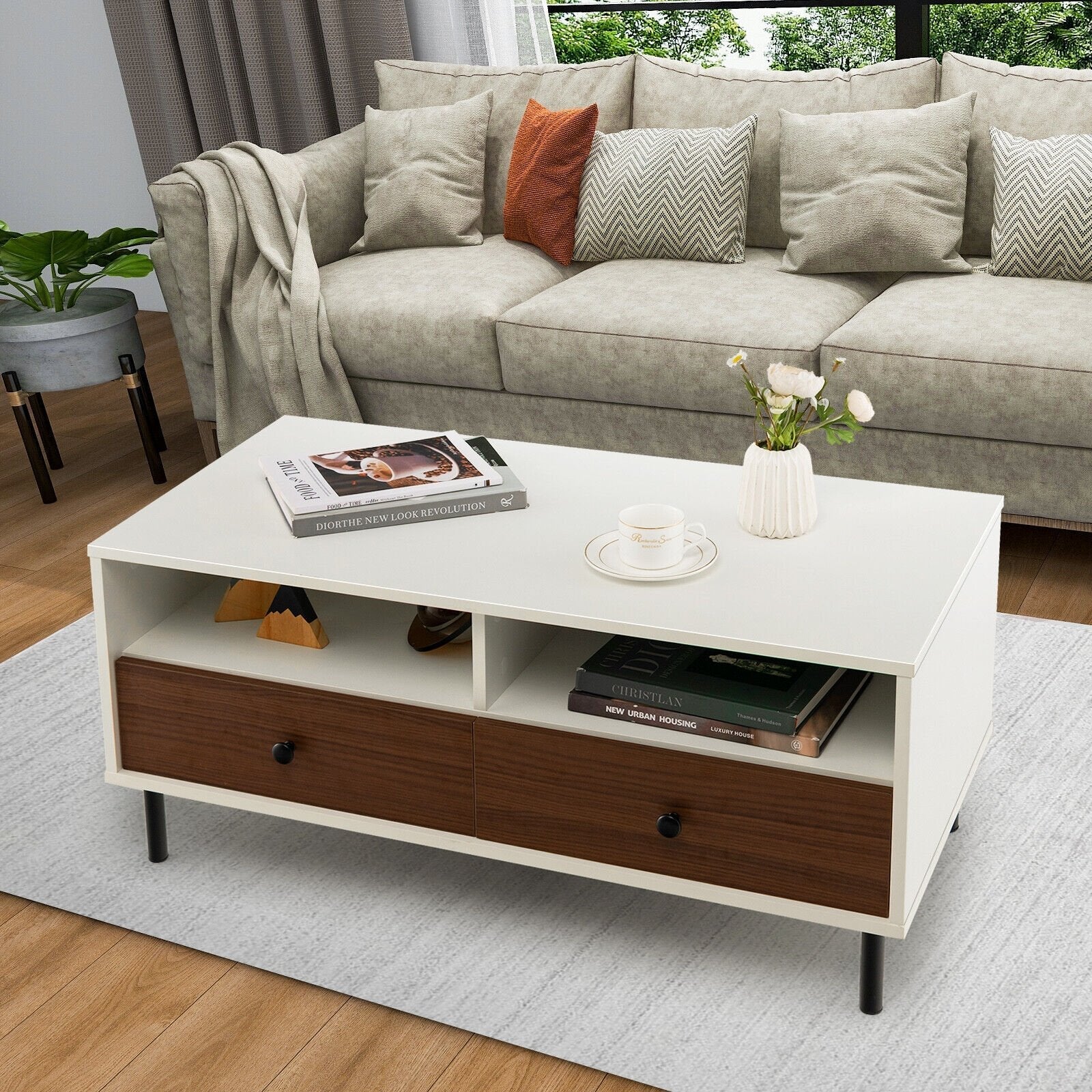 2 Tier 40 Inch Length Modern Rectangle Coffee Table with Storage Shelf and Drawers, White Coffee Tables   at Gallery Canada