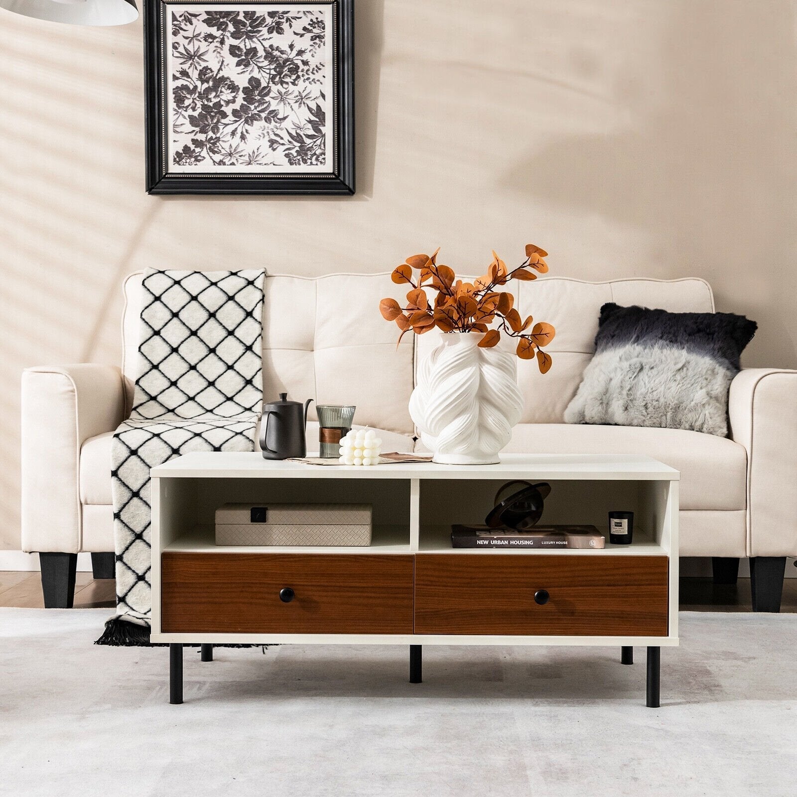 2 Tier 40 Inch Length Modern Rectangle Coffee Table with Storage Shelf and Drawers, White Coffee Tables   at Gallery Canada