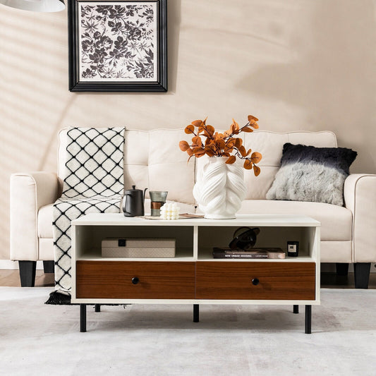 2 Tier 40 Inch Length Modern Rectangle Coffee Table with Storage Shelf and Drawers, White Coffee Tables   at Gallery Canada