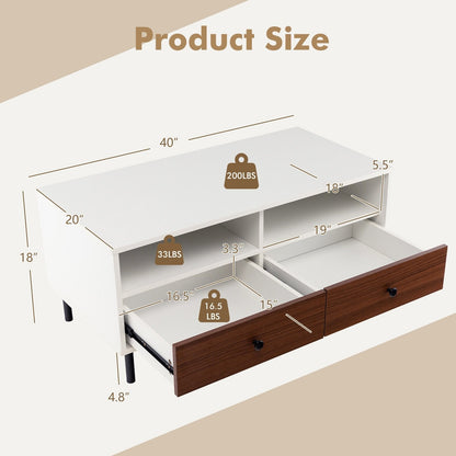 2 Tier 40 Inch Length Modern Rectangle Coffee Table with Storage Shelf and Drawers, White Coffee Tables   at Gallery Canada