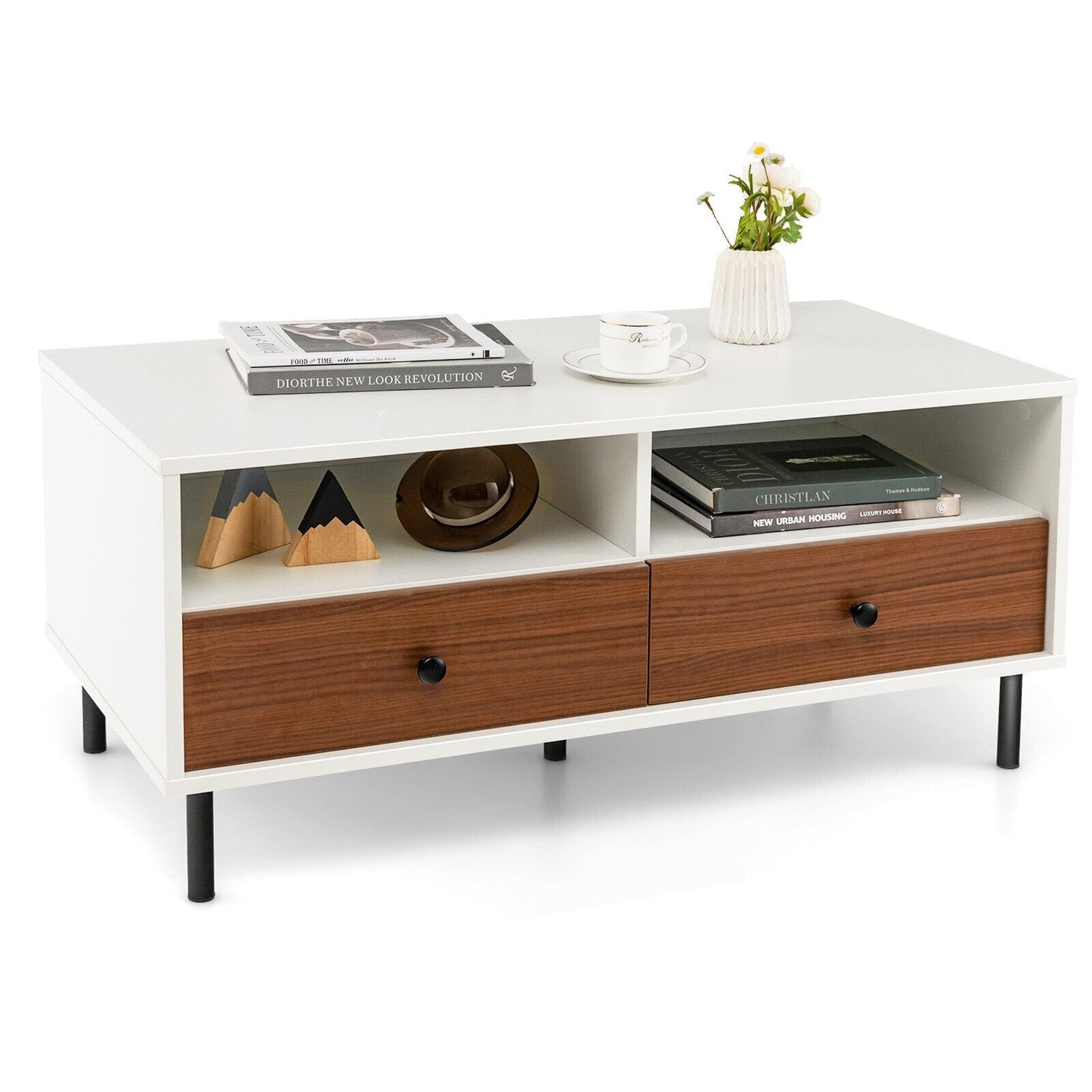 2 Tier 40 Inch Length Modern Rectangle Coffee Table with Storage Shelf and Drawers, White Coffee Tables   at Gallery Canada