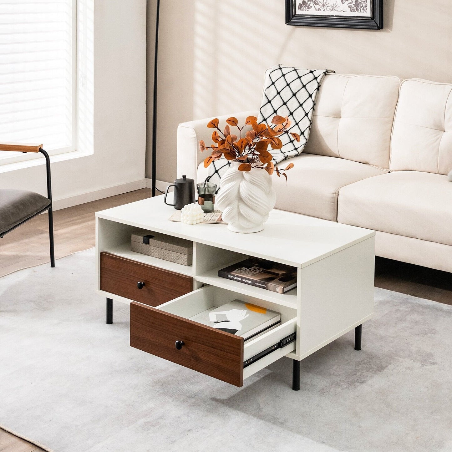 2 Tier 40 Inch Length Modern Rectangle Coffee Table with Storage Shelf and Drawers, White Coffee Tables   at Gallery Canada