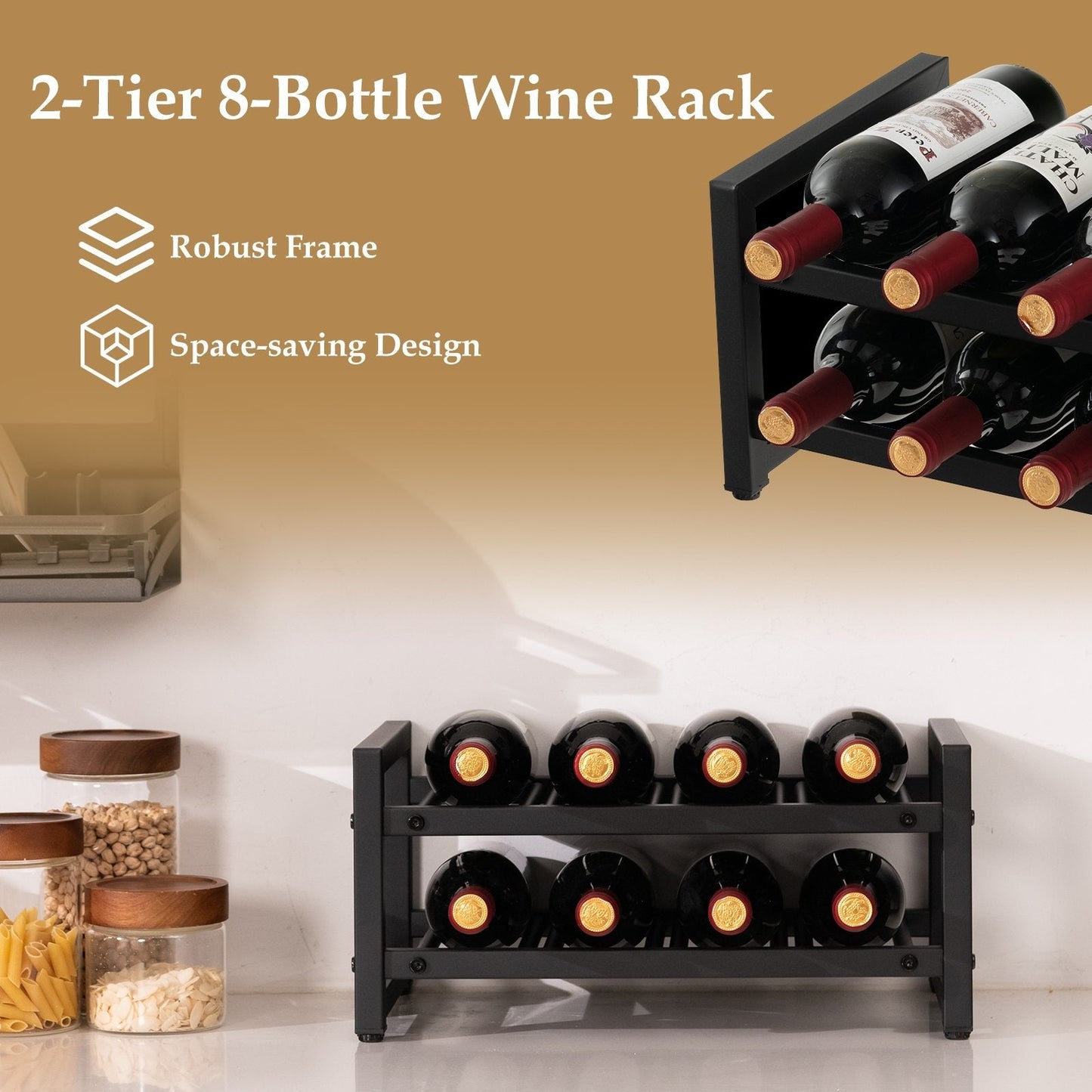 2-Tier 8-Bottle Display Wine Rackwith Adjustable Foot Pads, Black Wine Racks   at Gallery Canada