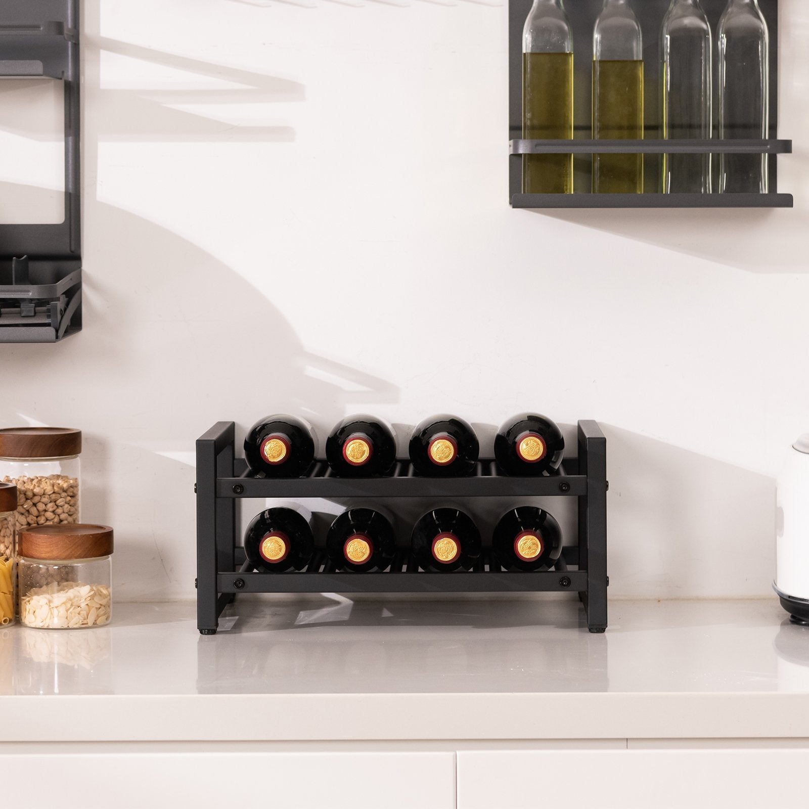 2-Tier 8-Bottle Display Wine Rackwith Adjustable Foot Pads, Black Wine Racks   at Gallery Canada