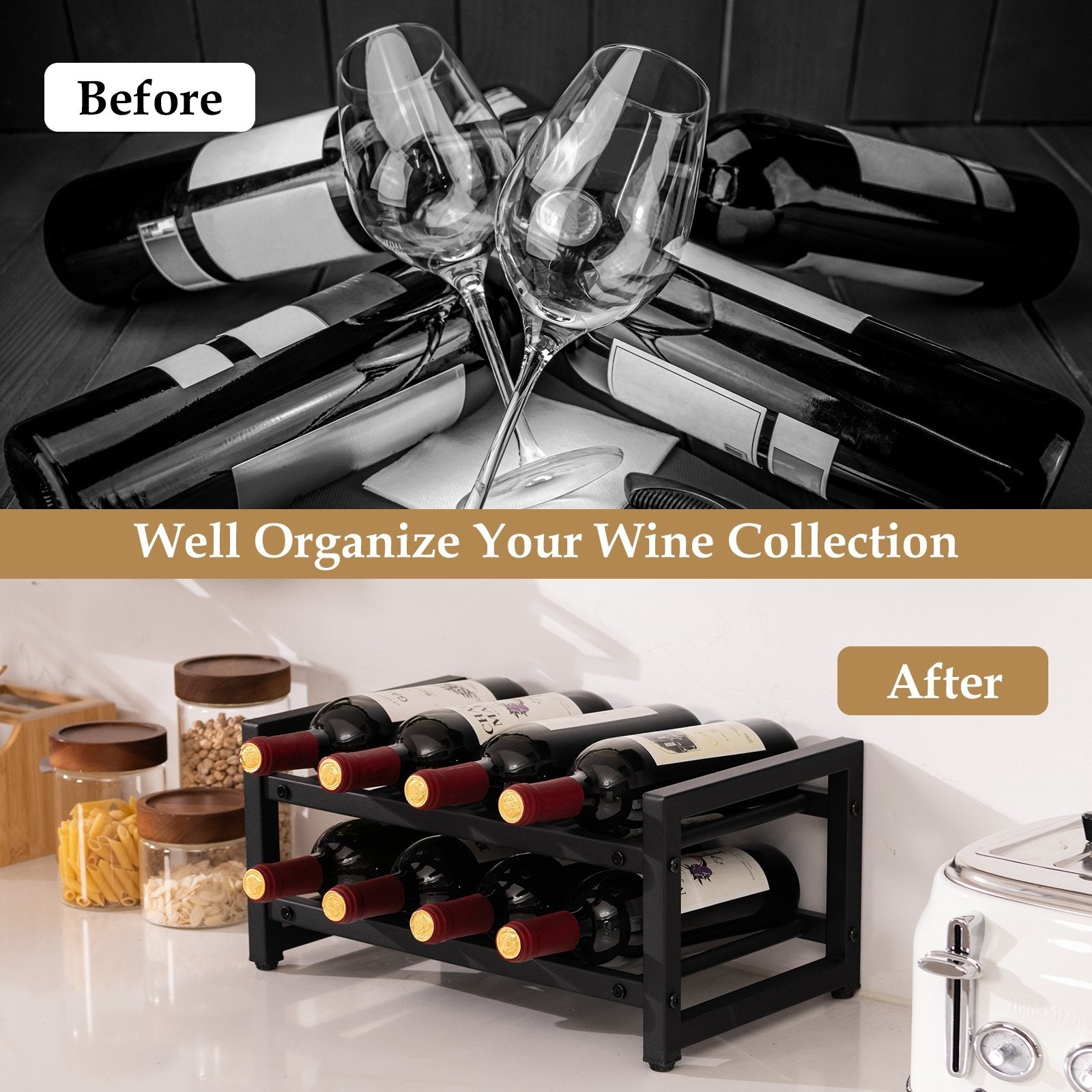 2-Tier 8-Bottle Display Wine Rackwith Adjustable Foot Pads, Black Wine Racks   at Gallery Canada