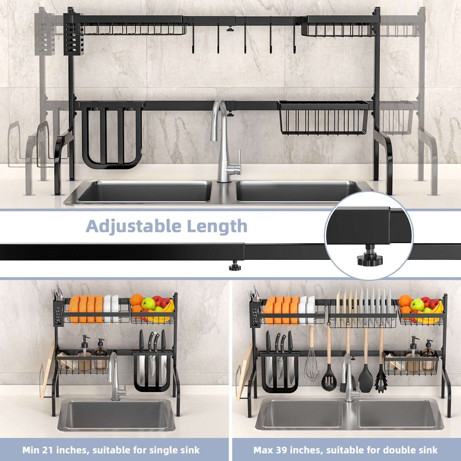 2 Tier Adjustable Over Sink Dish Drying Rack with 8 Hooks, Black Dish Racks   at Gallery Canada