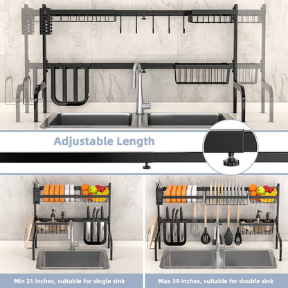 2 Tier Adjustable Over Sink Dish Drying Rack with 8 Hooks, Black Dish Racks   at Gallery Canada