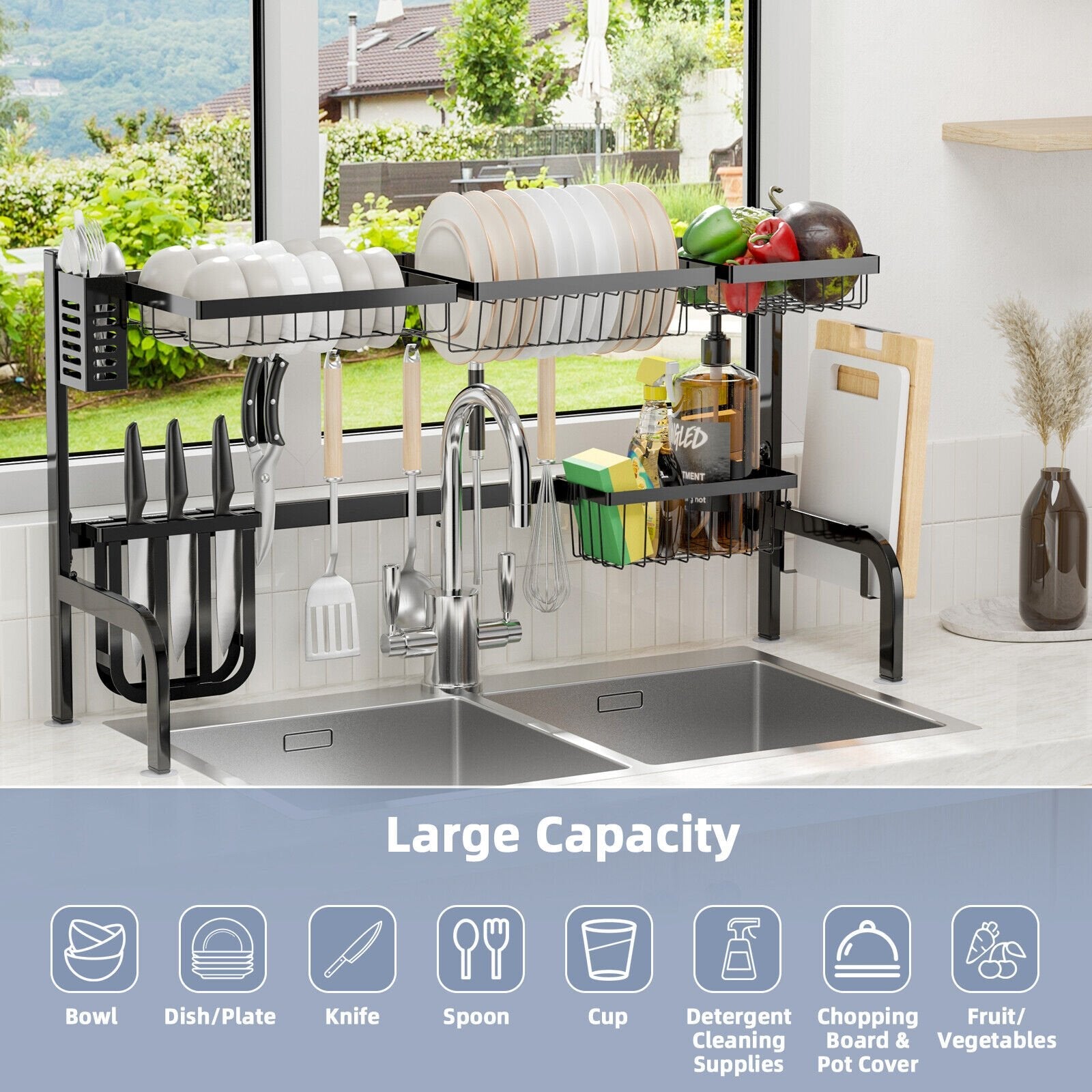 2 Tier Adjustable Over Sink Dish Drying Rack with 8 Hooks, Black Dish Racks   at Gallery Canada