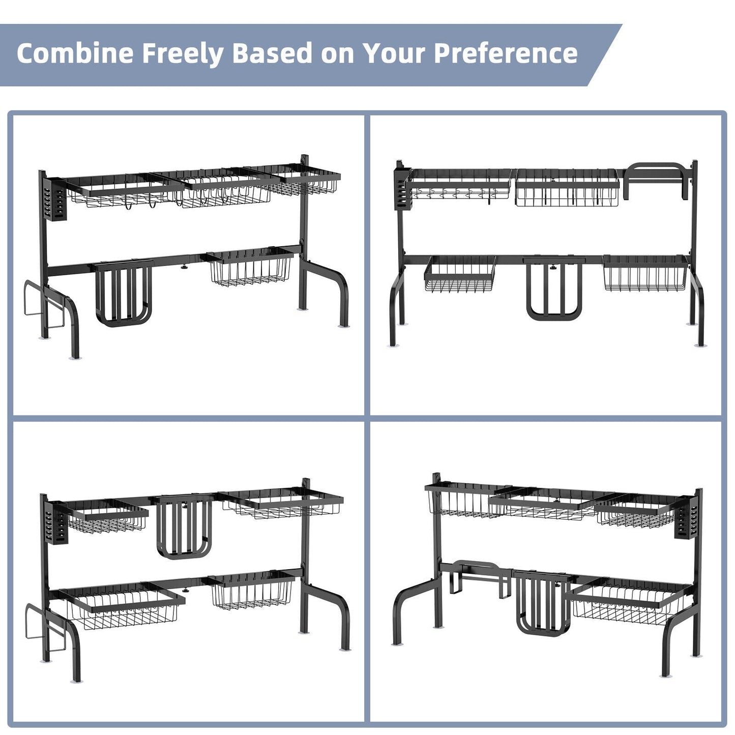 2 Tier Adjustable Over Sink Dish Drying Rack with 8 Hooks, Black Dish Racks   at Gallery Canada