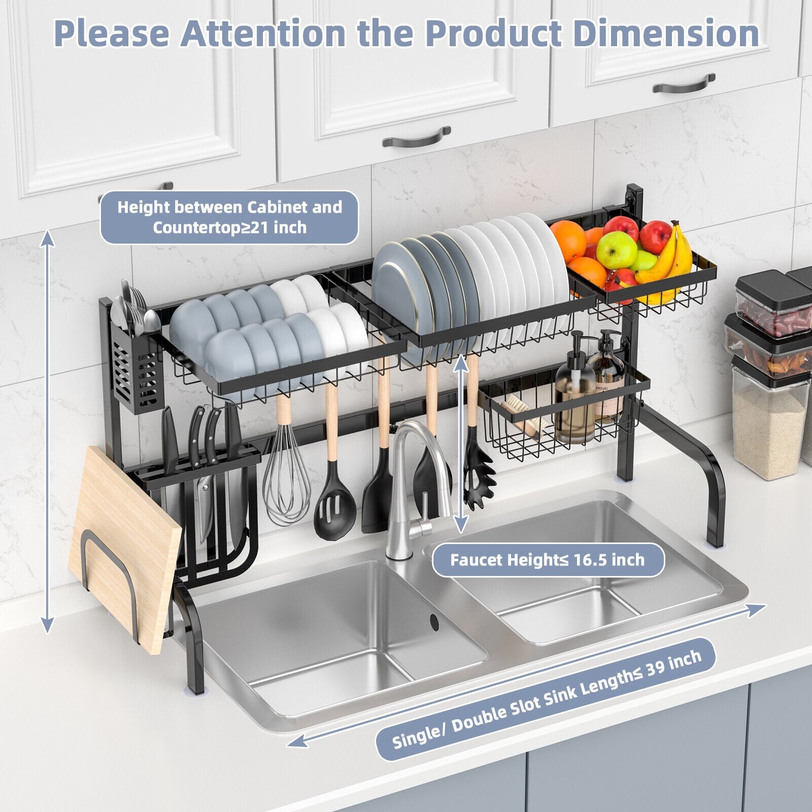 2 Tier Adjustable Over Sink Dish Drying Rack with 8 Hooks, Black Dish Racks   at Gallery Canada