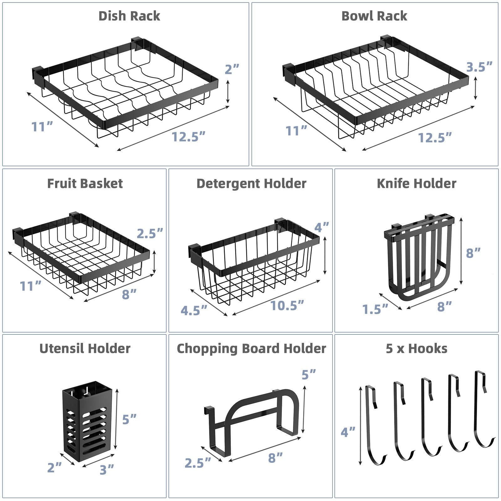 2 Tier Adjustable Over Sink Dish Drying Rack with 8 Hooks, Black Dish Racks   at Gallery Canada