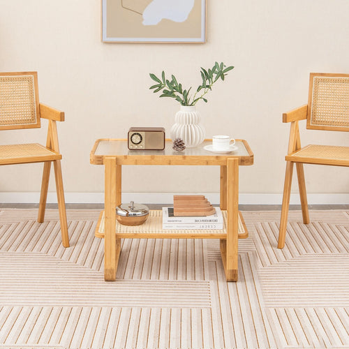 2-tier Bamboo Side Table with Glass Top, Natural