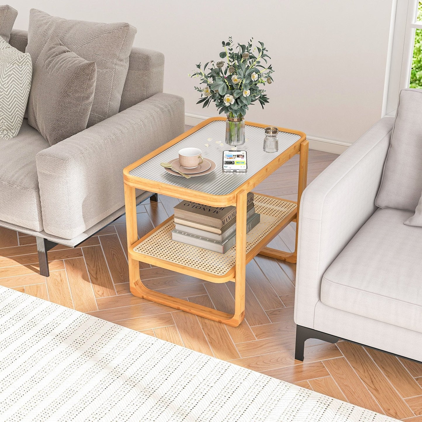 2-tier Bamboo Side Table with Glass Top, Natural End & Side Tables   at Gallery Canada