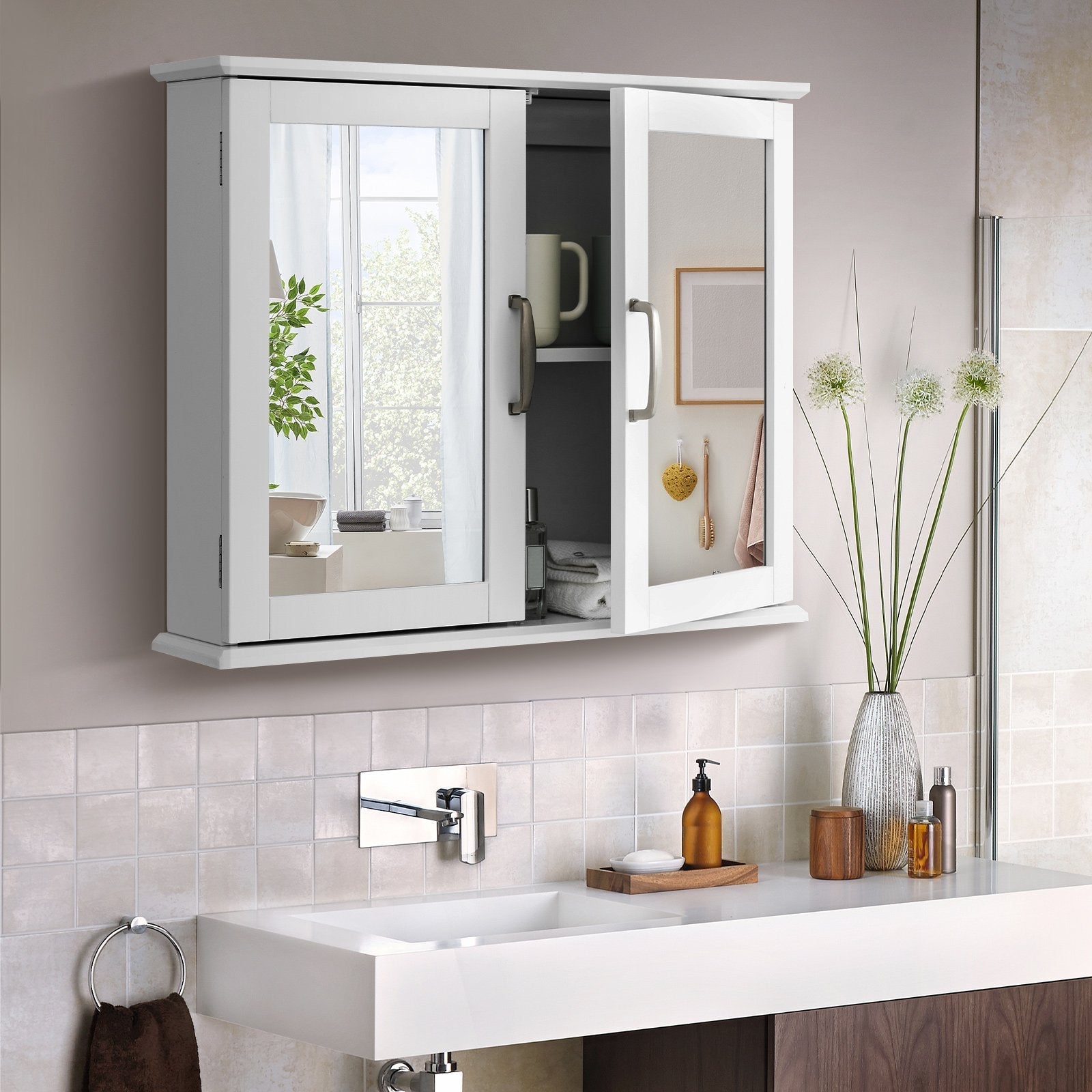 2-Tier Bathroom Wall-Mounted Mirror Storage Cabinet with Handles, White Wall Cabinets   at Gallery Canada