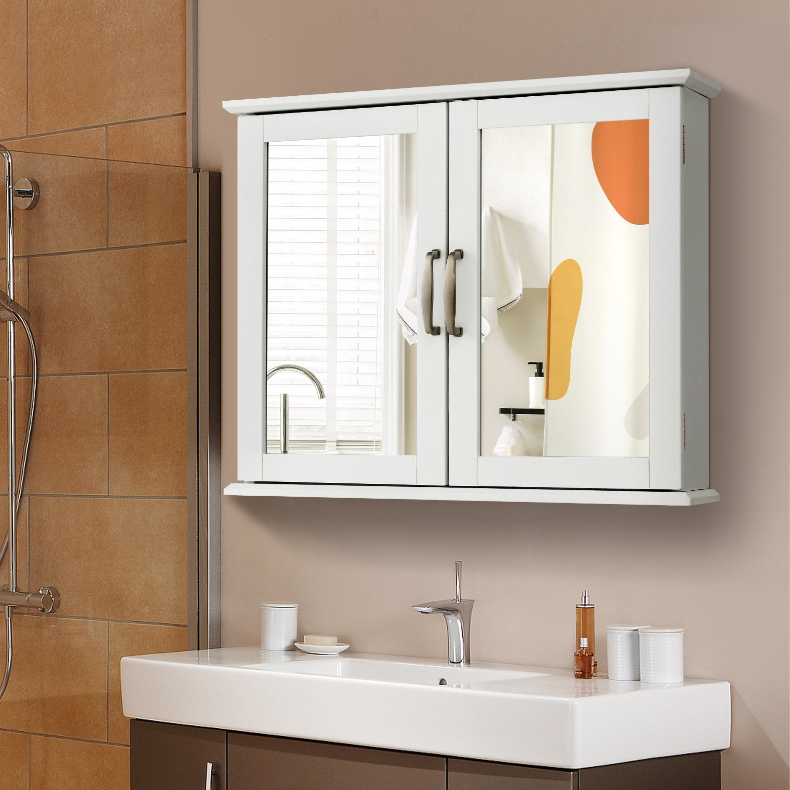 2-Tier Bathroom Wall-Mounted Mirror Storage Cabinet with Handles, White Wall Cabinets   at Gallery Canada