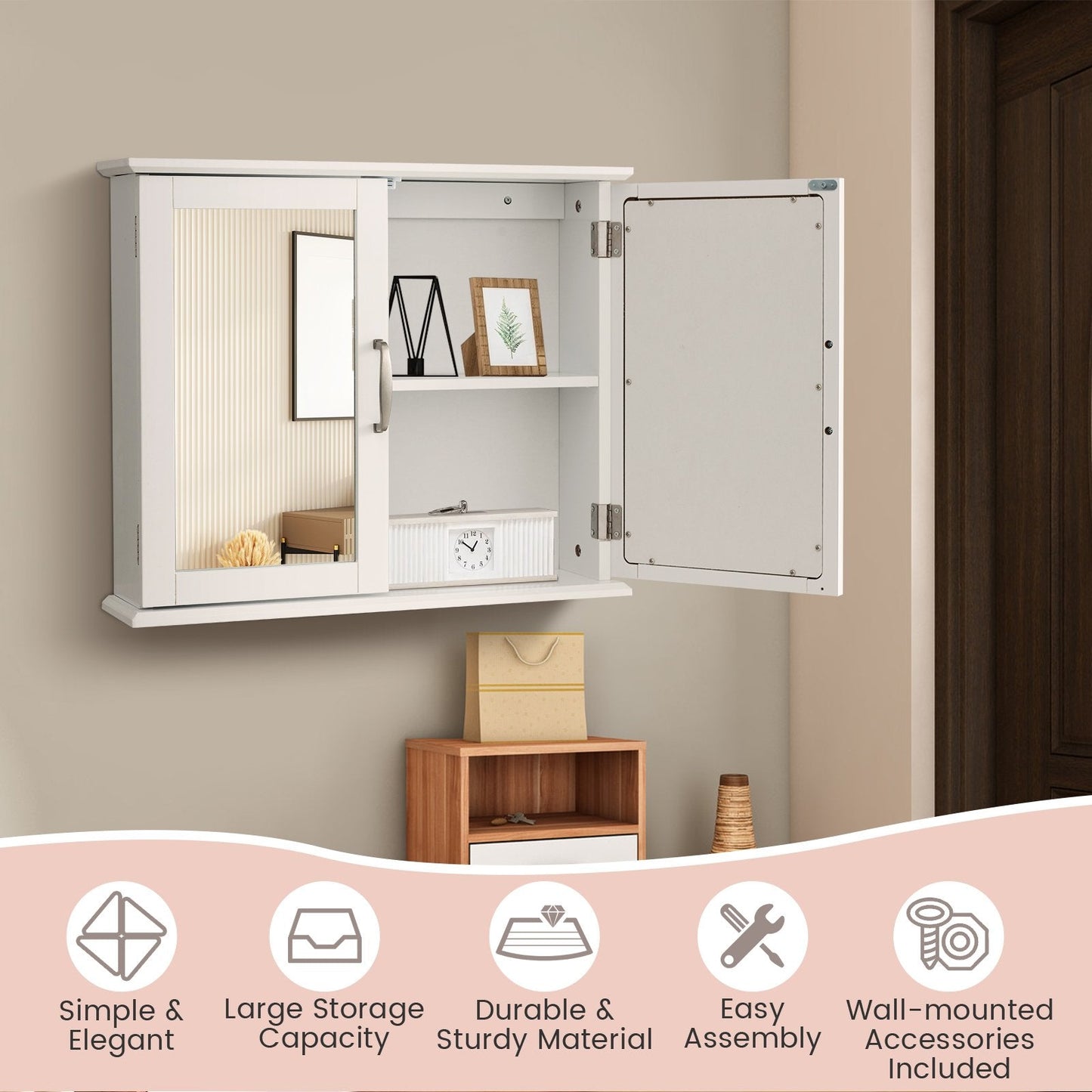 2-Tier Bathroom Wall-Mounted Mirror Storage Cabinet with Handles, White Wall Cabinets   at Gallery Canada