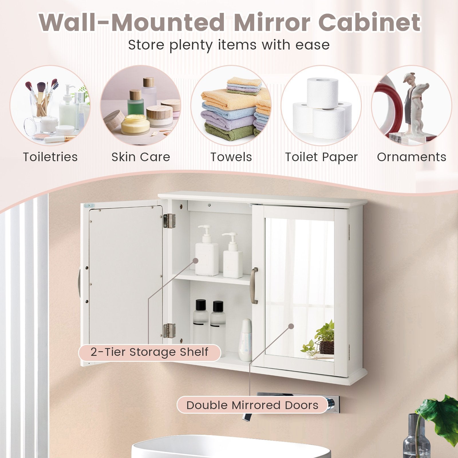 2-Tier Bathroom Wall-Mounted Mirror Storage Cabinet with Handles, White Wall Cabinets   at Gallery Canada