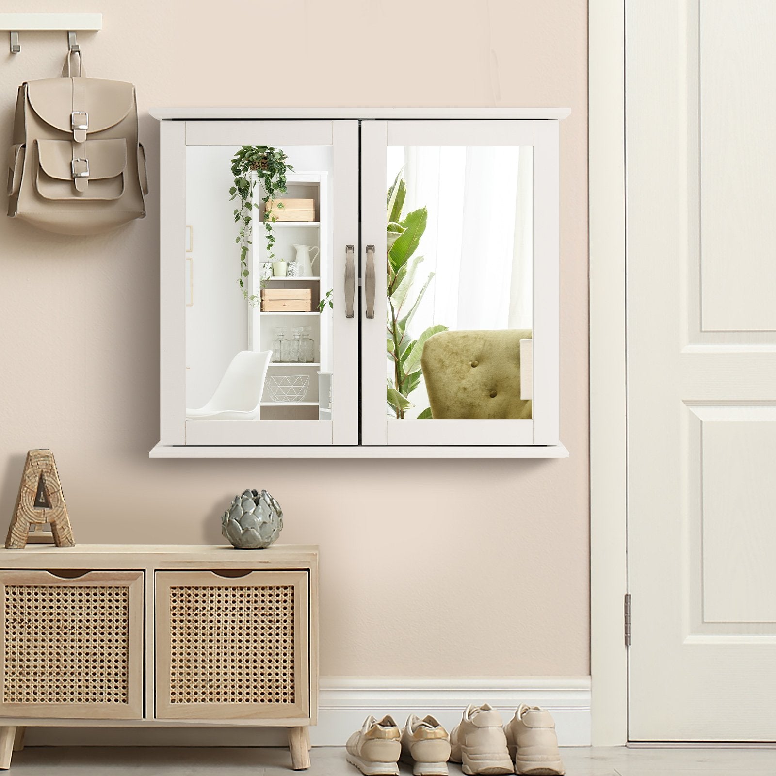 2-Tier Bathroom Wall-Mounted Mirror Storage Cabinet with Handles, White Wall Cabinets   at Gallery Canada