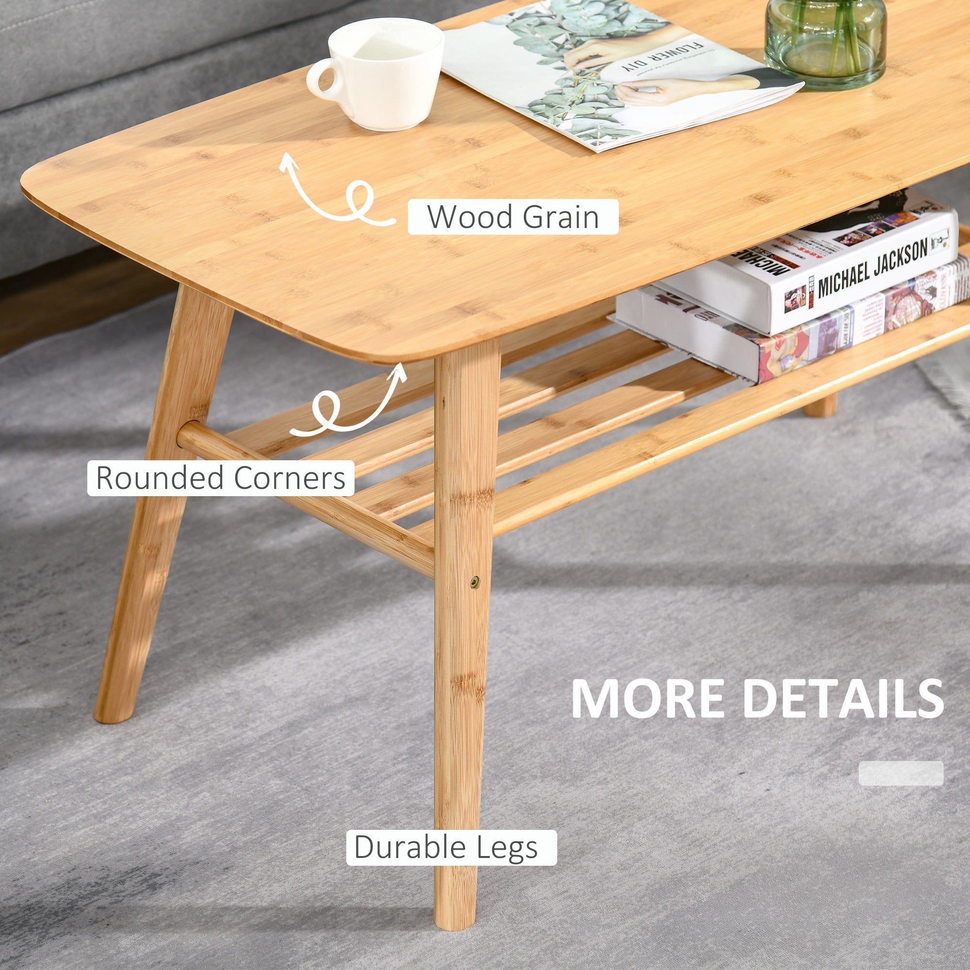 2 Tier Coffee Table Bamboo Tea Table with Storage Shelf Sleek Rectangle Desk Wood Grain Living Room Home Furniture 39.25