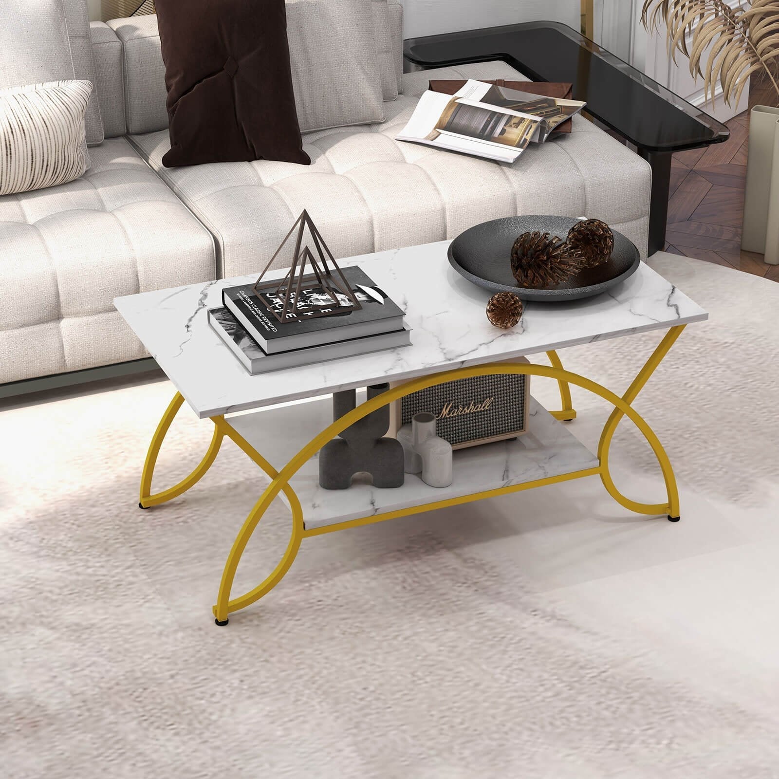 2-Tier Coffee Table Gold Rectangle for Living Room, White Coffee Tables   at Gallery Canada