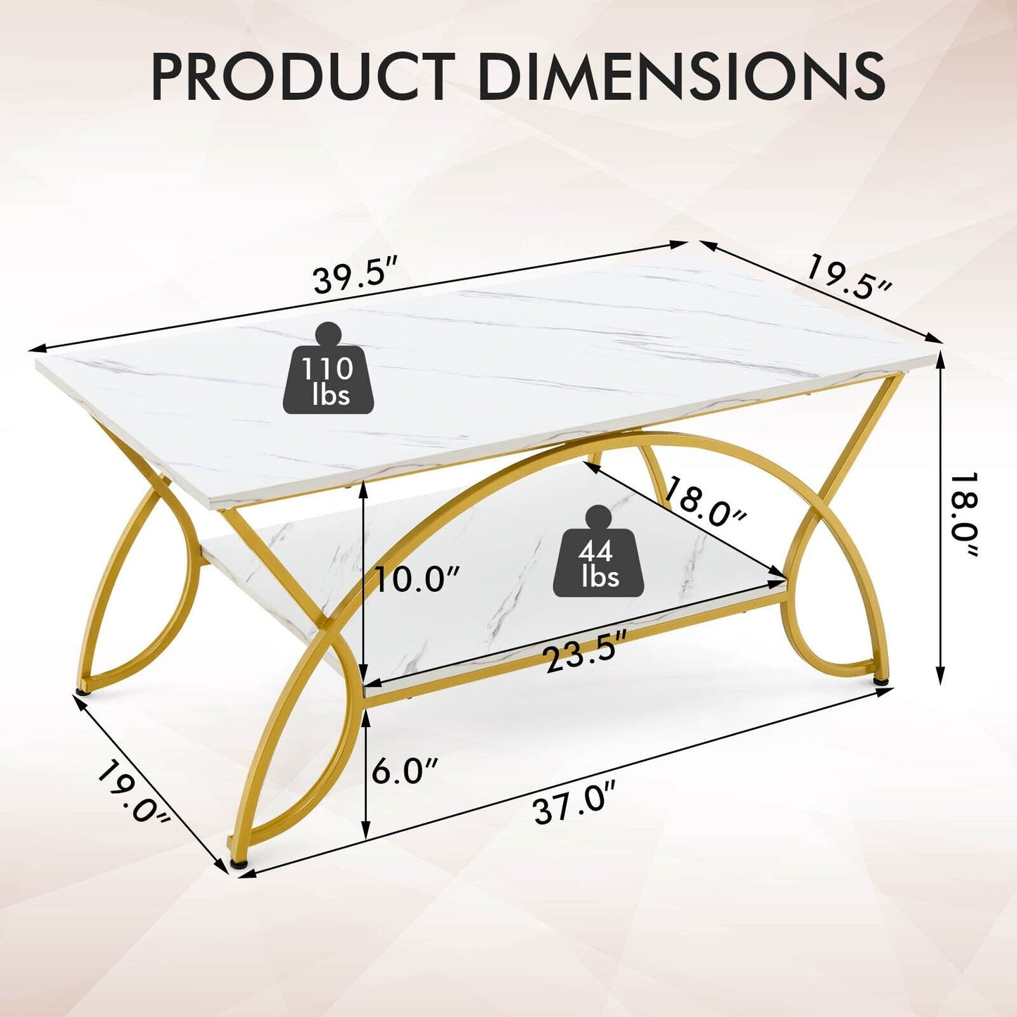 2-Tier Coffee Table Gold Rectangle for Living Room, White Coffee Tables   at Gallery Canada