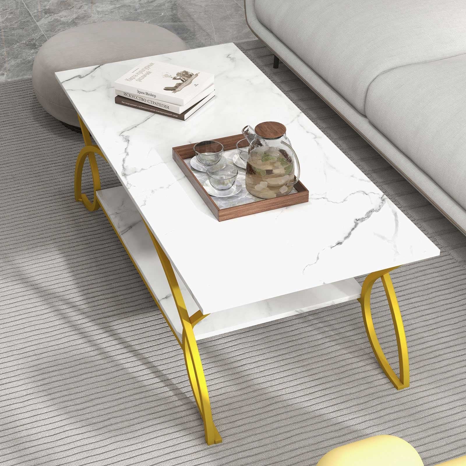 2-Tier Coffee Table Gold Rectangle for Living Room, White Coffee Tables   at Gallery Canada