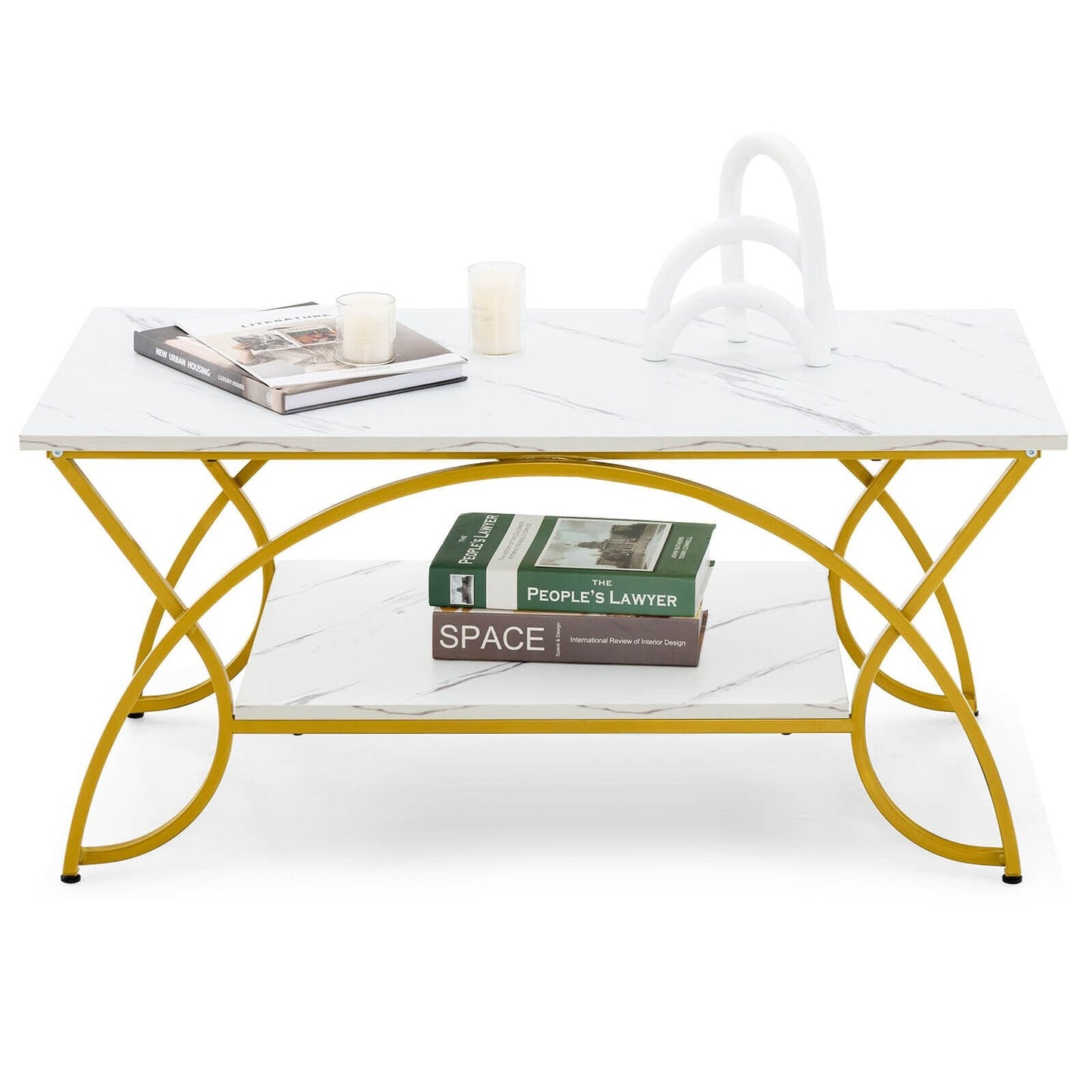 2-Tier Coffee Table Gold Rectangle for Living Room, White Coffee Tables   at Gallery Canada