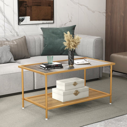 2-Tier Coffee Table with Shelf Center Tea Table with Tempered Glass Top, Golden Coffee Tables   at Gallery Canada