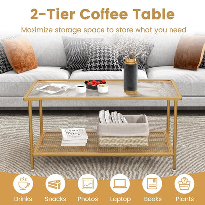 2-Tier Coffee Table with Shelf Center Tea Table with Tempered Glass Top, Golden Coffee Tables   at Gallery Canada