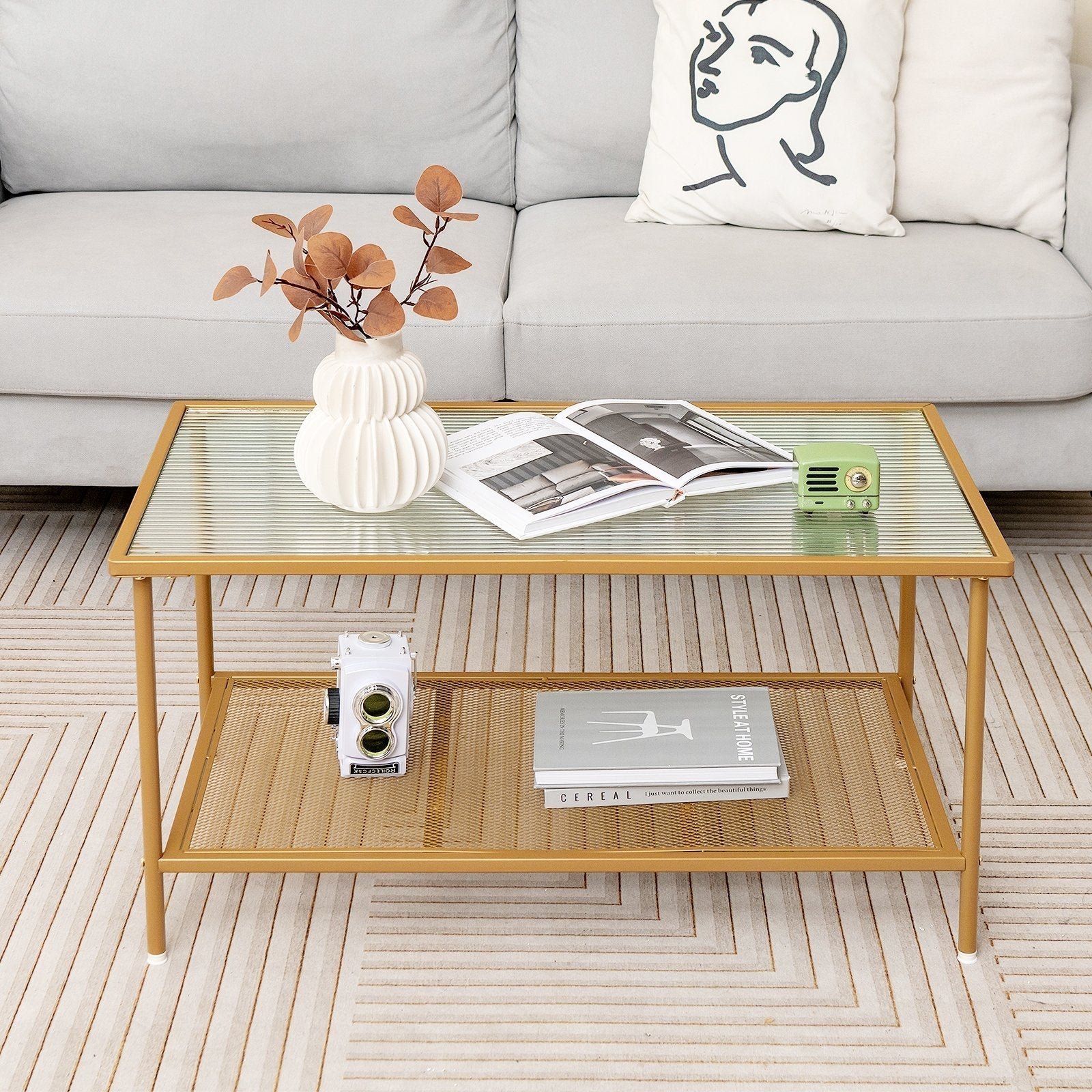 2-Tier Coffee Table with Shelf Center Tea Table with Tempered Glass Top, Golden Coffee Tables   at Gallery Canada