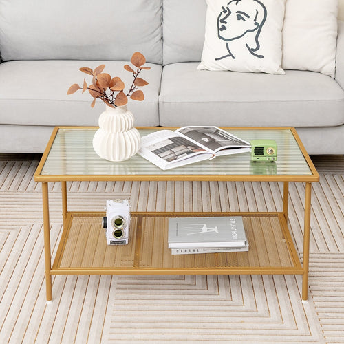 2-Tier Coffee Table with Shelf Center Tea Table with Tempered Glass Top, Golden