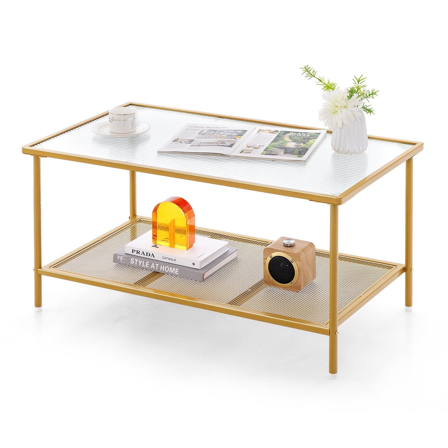 2-Tier Coffee Table with Shelf Center Tea Table with Tempered Glass Top, Golden Coffee Tables   at Gallery Canada