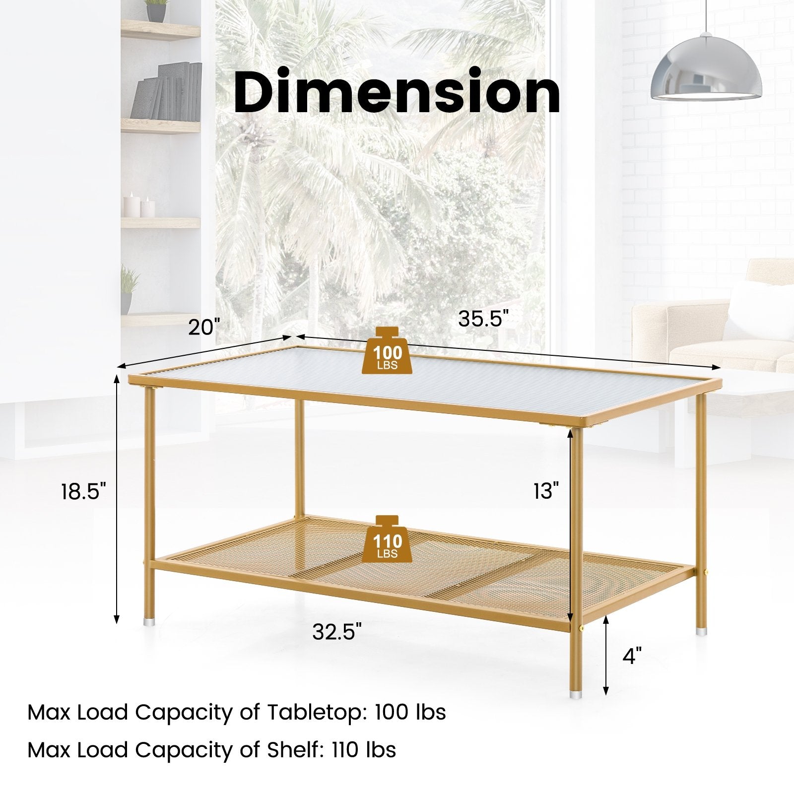 2-Tier Coffee Table with Shelf Center Tea Table with Tempered Glass Top, Golden Coffee Tables   at Gallery Canada